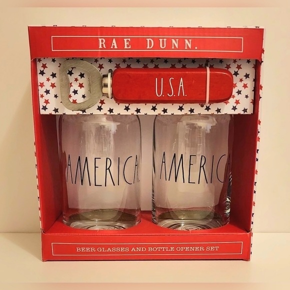 Rae Dunn America Beer Glasses and Bottle Opener Set. 4th of July. - Picture 1 of 2